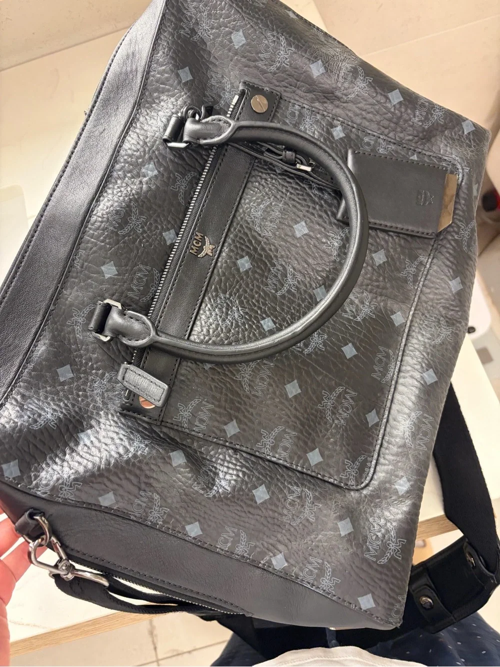 MCM Black Visetos Logo Leather Briefcase with Detachable Strap